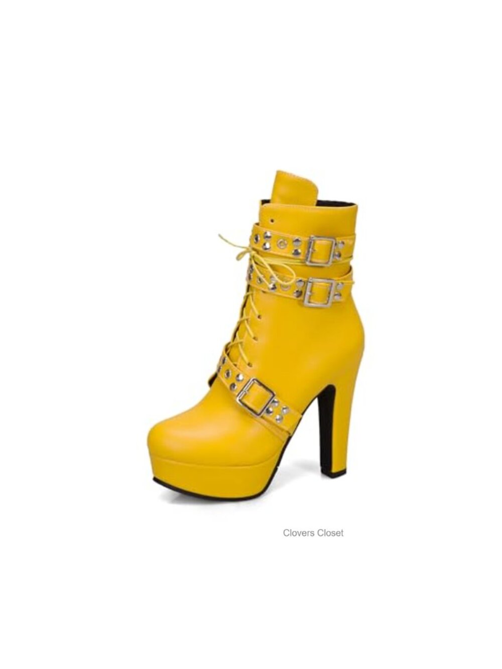 Women's Faux Leather Studded Ankle Strap Block Heel Boots Punk Goth